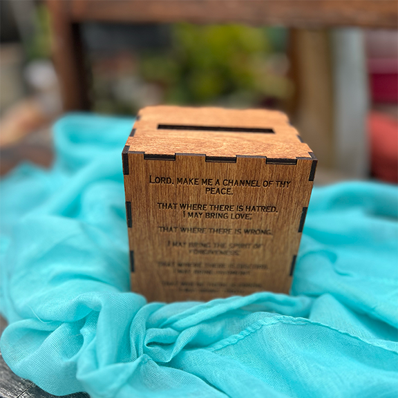 St. Francis Prayer Box - Square - 4" X 4.5" - Light stain