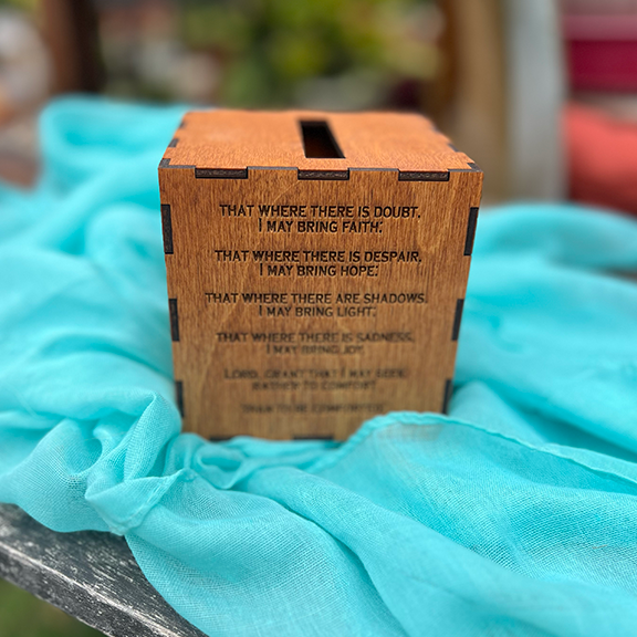 St. Francis Prayer Box - Square - 4" X 4.5" - Light stain