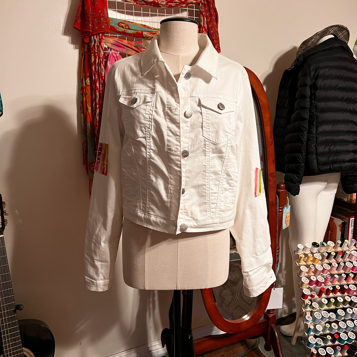 Hand painted white denim Jacket - "UniqueCollage"