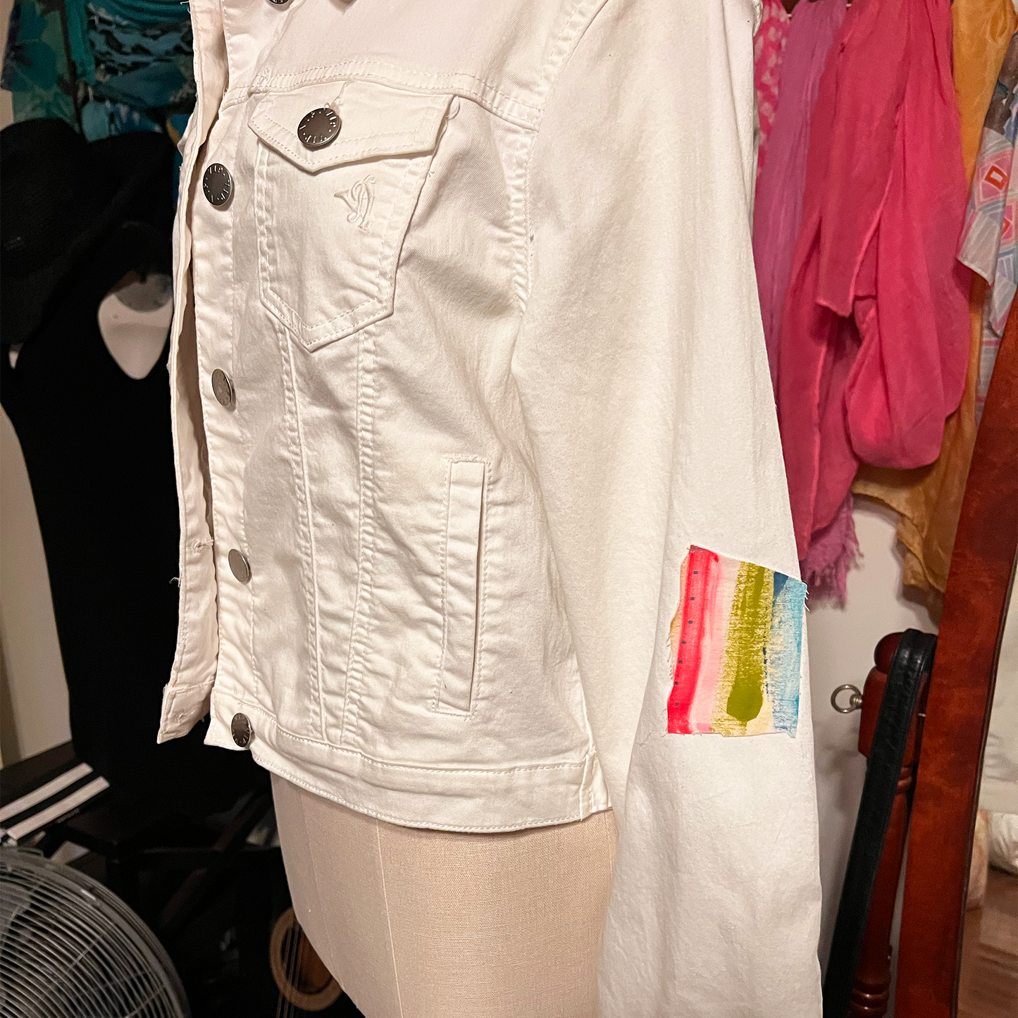 Hand painted white denim Jacket - "UniqueCollage"