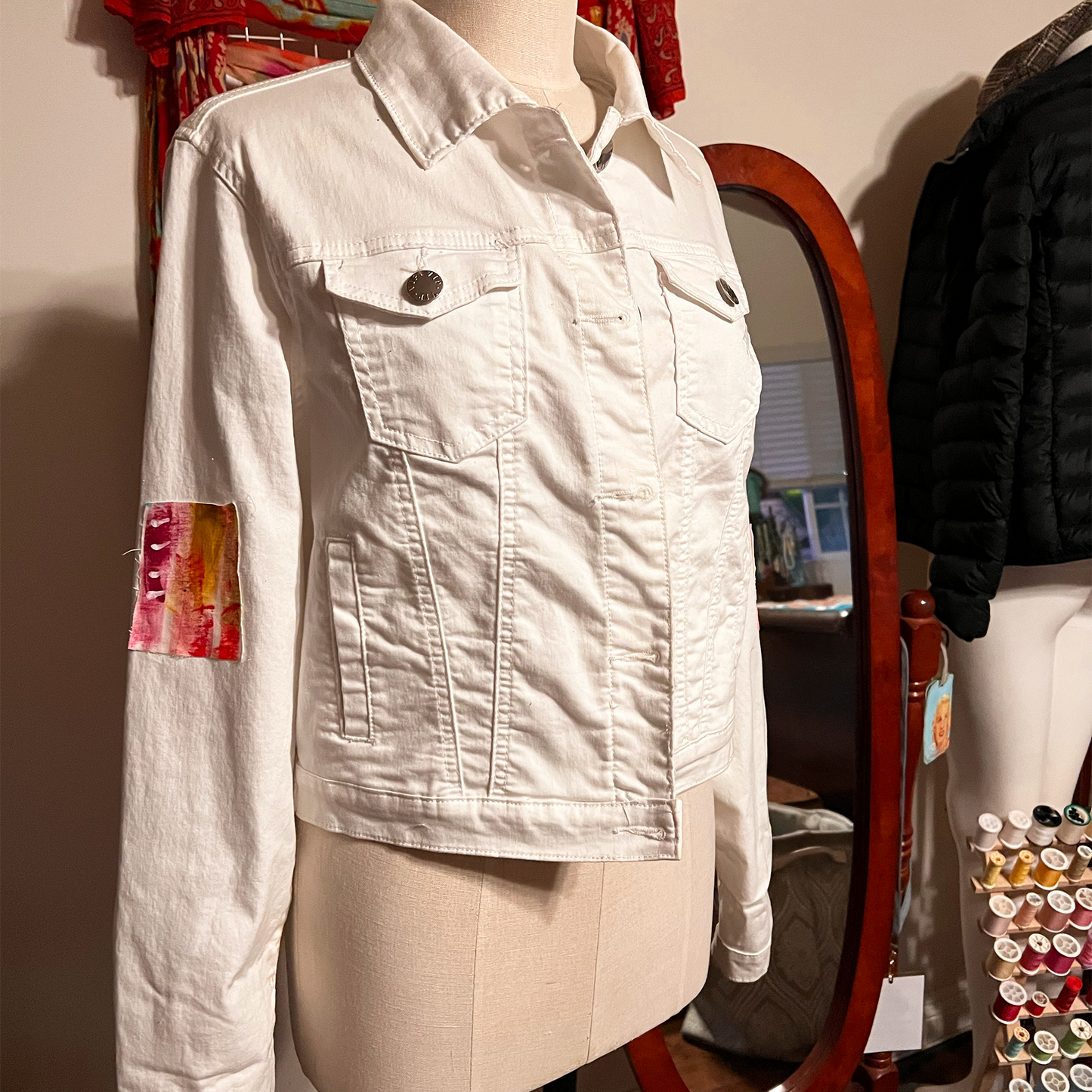 Hand painted white denim Jacket - "UniqueCollage"