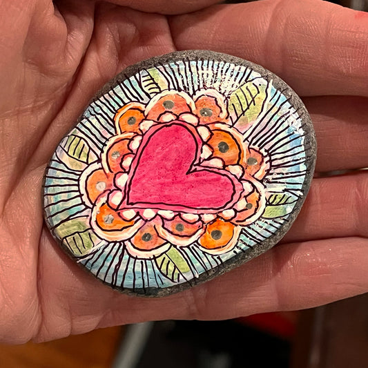 Hand painted stone - Heart flower leaf