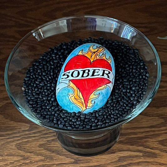 Hand painted sobriety stone - "Sober Heart w/Flames"