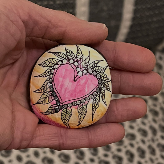 Hand painted stone - "Pink Heart w/Leaves"