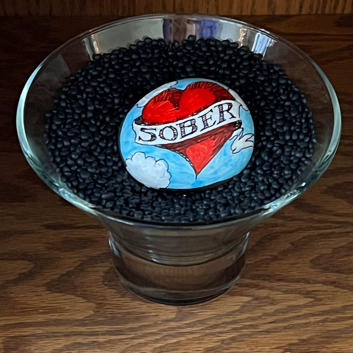 Hand painted sobriety stone - "Heart in the Clouds with Sober banner"