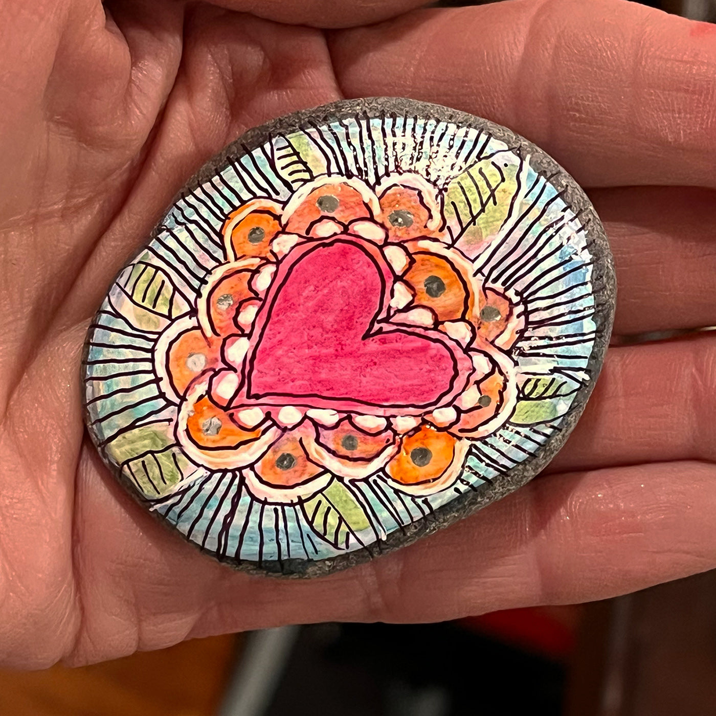 Hand painted stone - Heart flower leaf