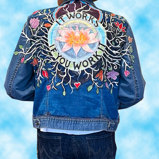 Hand painted Jean Jacket - "It Works if you Work it"