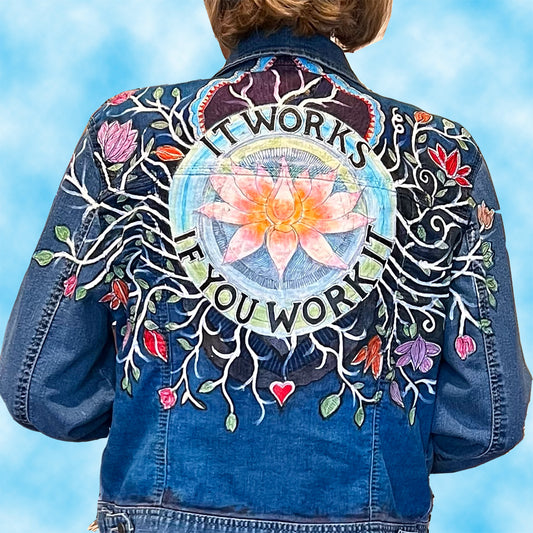 Hand painted Jean Jacket - "It Works if you Work it"