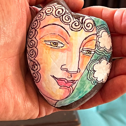 Hand painted stone - Meditation Face w/clouds