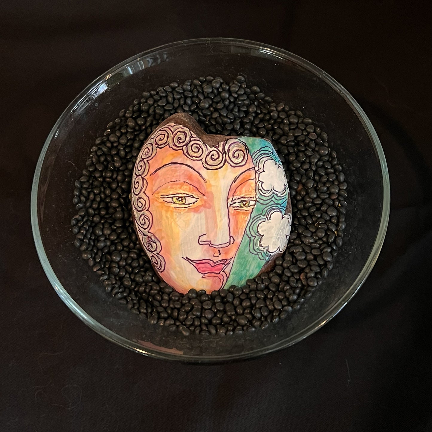 Hand painted stone - Meditation Face w/clouds