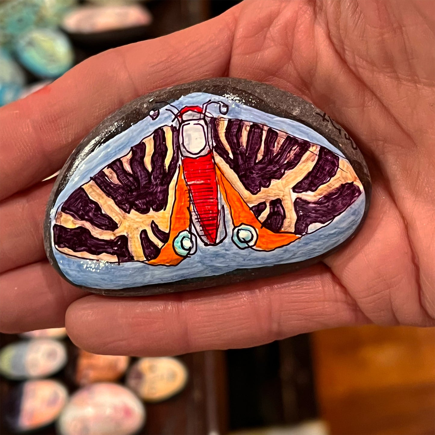 Hand painted stone - Moth - Red/orange "unique"