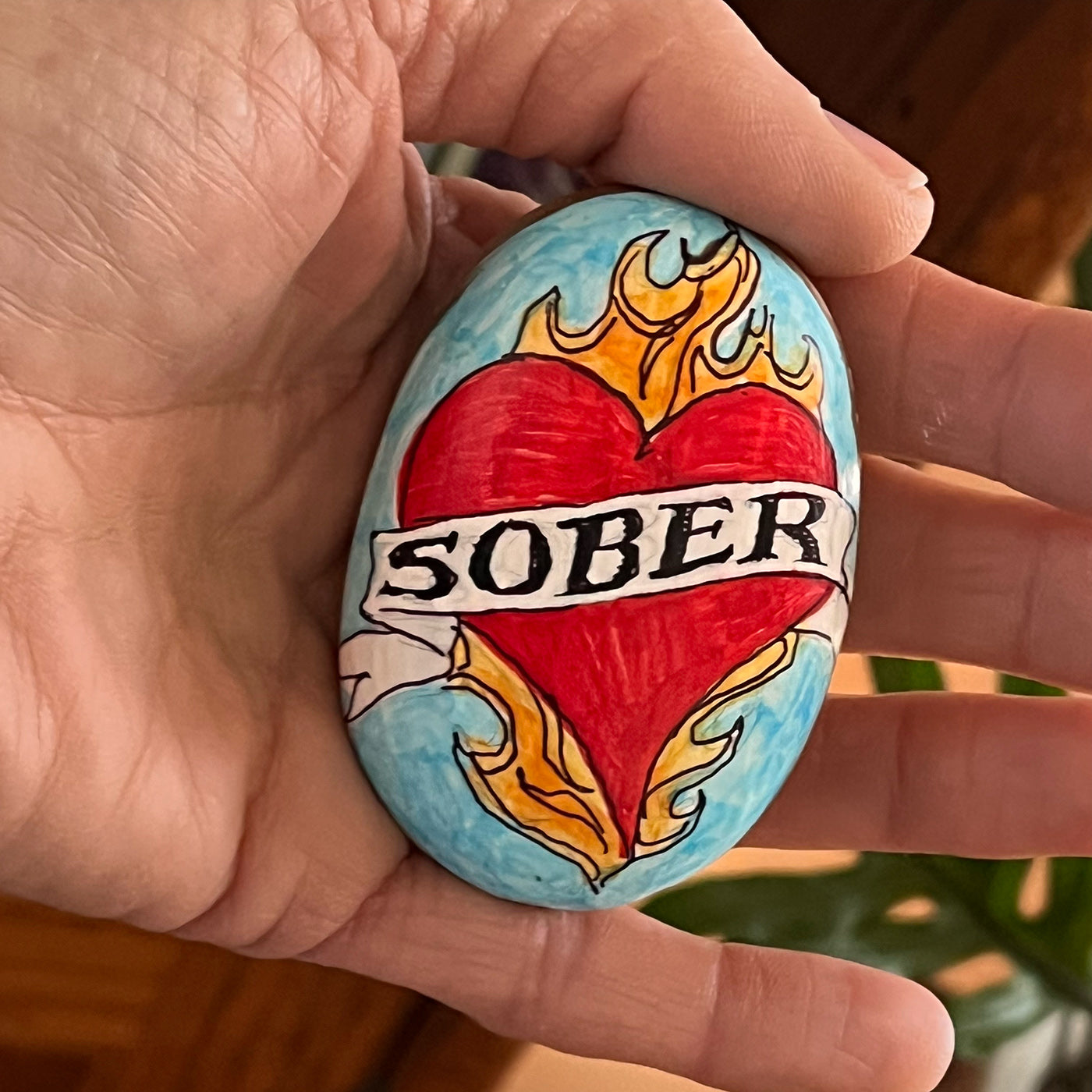 Hand painted sobriety stone - "Sober Heart w/Flames"