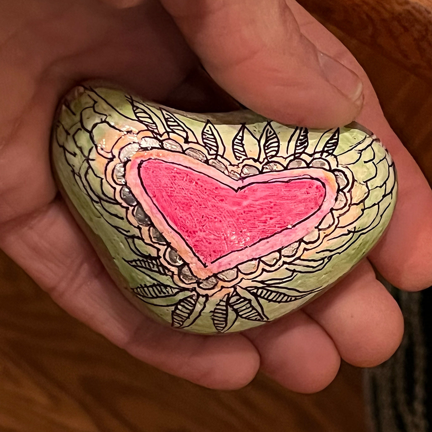 Hand painted stone -"Pink Heart with leaves and wings"