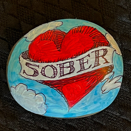 Hand painted sobriety stone - "Heart in the Clouds with Sober banner"